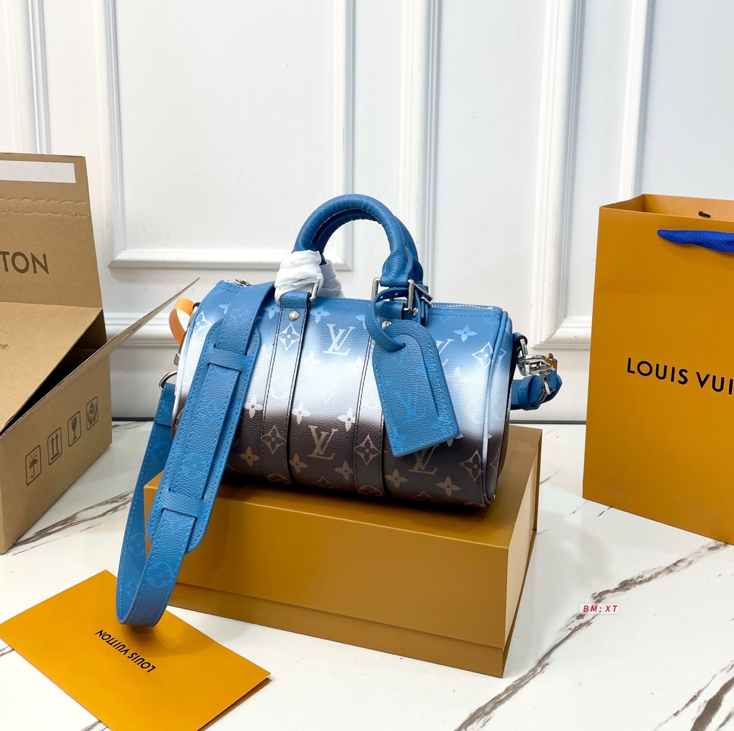 LV Keepall 25 Monogram Sunset Blue Gradient Leather Travel Duffle Barrel Bag