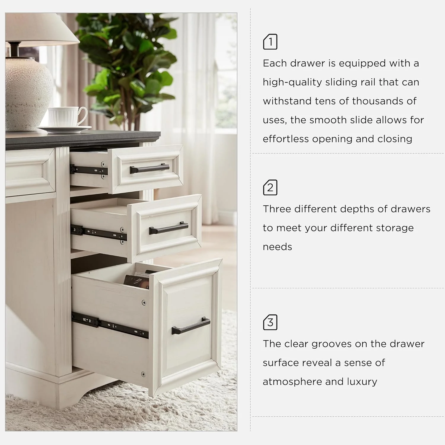T4TREAM Farmhouse Wood 58" Executive Desk, Home Office 30" High Computer Desk with Drawers and Storage Cabinet, White