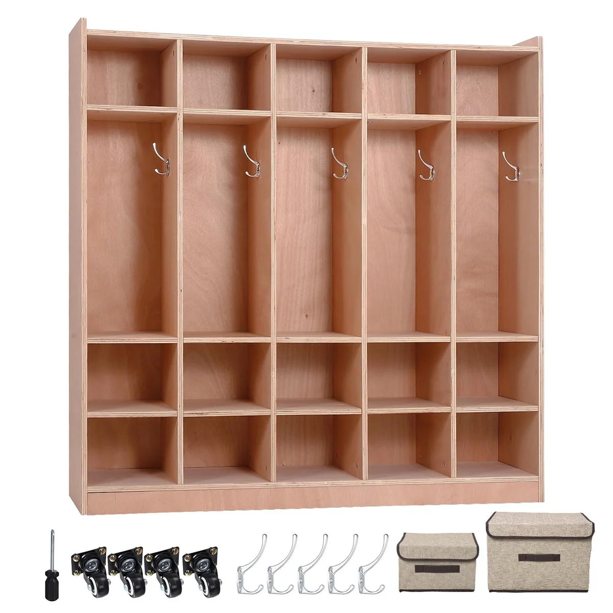 Soonbuy 5-Section Classroom Coat Locker, 20 Cubbies for Classrooms, Daycare Cubby with 4 Casters, 5 Hooks and 2 Storage Boxes, for Home, School, Kindergarten