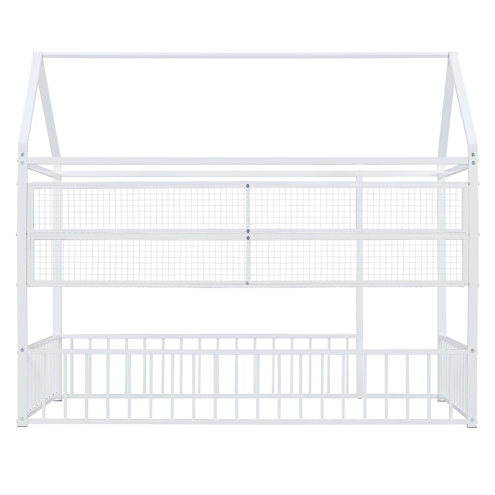 Sesslife Twin House Bed with Storage Shelves, Sturdy Floor Bed Frame with Fence and Roof for Bedroom, Cute Wooden Twin Size Platform Bed for Teens, No Box Spring Needed, Gray