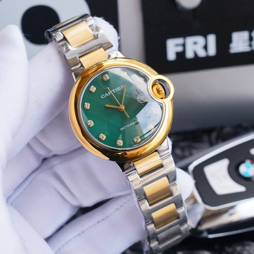 Cartier Watch BALLON BLEU 33MM GOLD GREEN DIAL DIAMOND NUMERALS