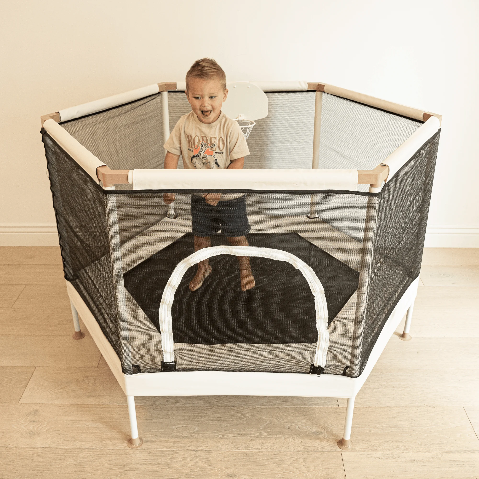 Square House Kids Trampoline, Aesthetic Indoor and Outdoor Toddler Trampoline with Safety Net, Basketball Hoop, 220lb Capacity, Ultra Safe No-Gap Design, Gifts for Boys & Girls (Sand, 5 FT)