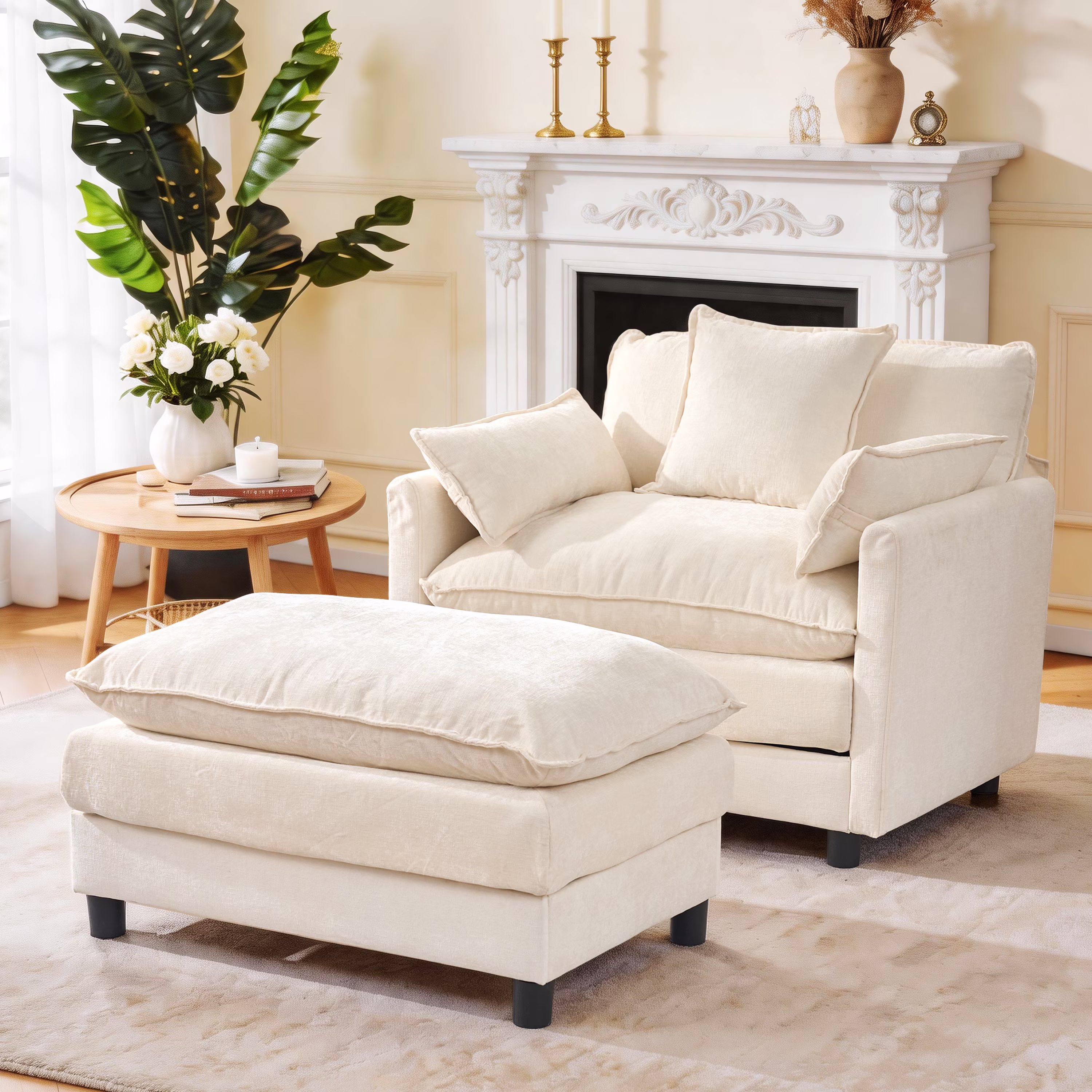 Accent Chair with Ottoman, Legahome 40"Wide Oversized Chenille Upholstered Lounge Chair, Comfy Reading Armchair with 3 Pillows, Barrel Chair Reading Chair for Living Room Bedroom, Beige