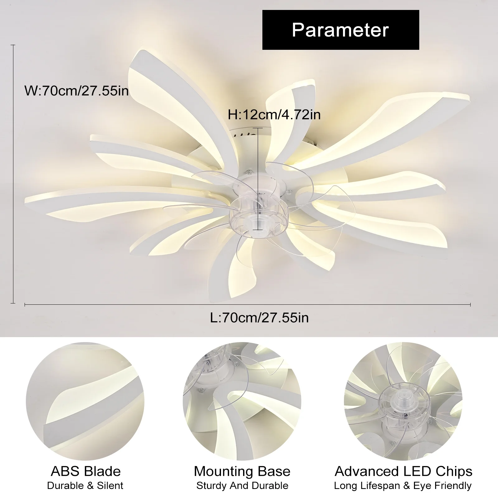 Garwarm Dimmable Ceiling Fan with Light and Remote Control, 27" Small Flush Mounted Ceiling Fan with Led Lights, APP and Remote Controlled, Modern, White