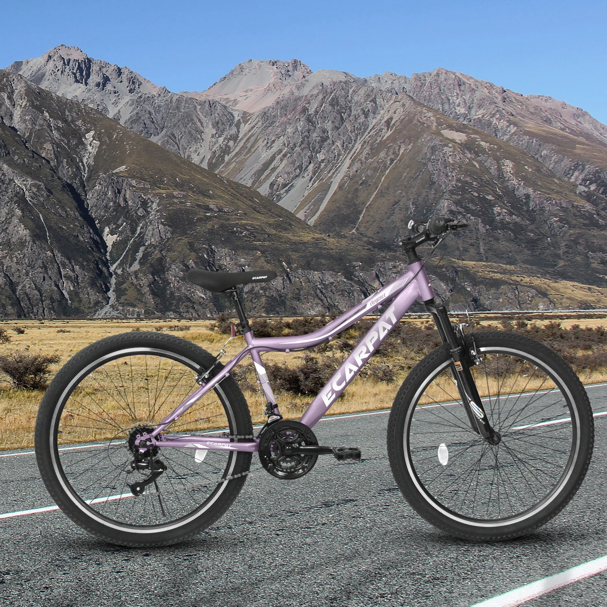 26-Inch Mountain Bike with 21-Speed Twist Shifter, Front Suspension & V-Brakes C White/Purple Commuter Bicycle