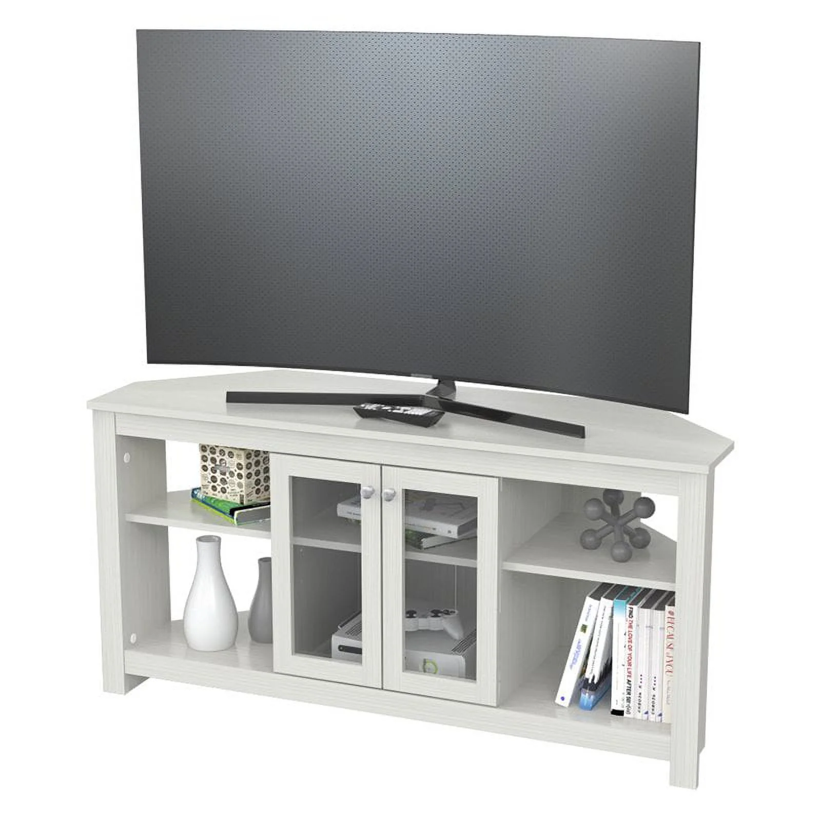 Inval Corner Laminate 60 TV Stand with Glass Doors, White