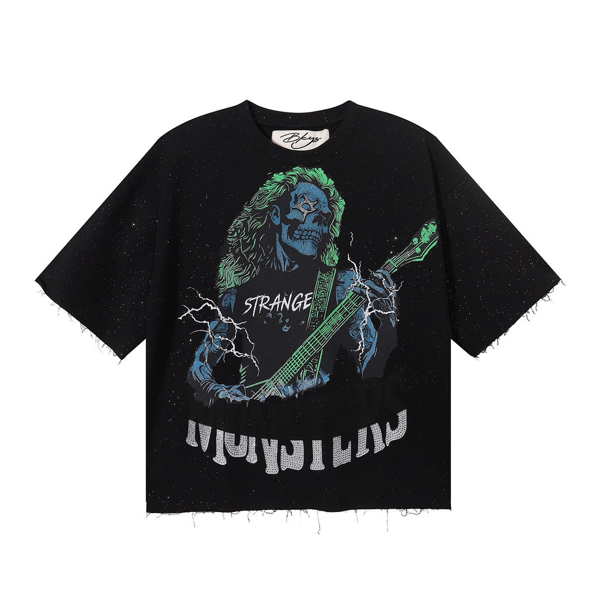 Green-haired one-eyed drill guitar printed short-sleeved shirt