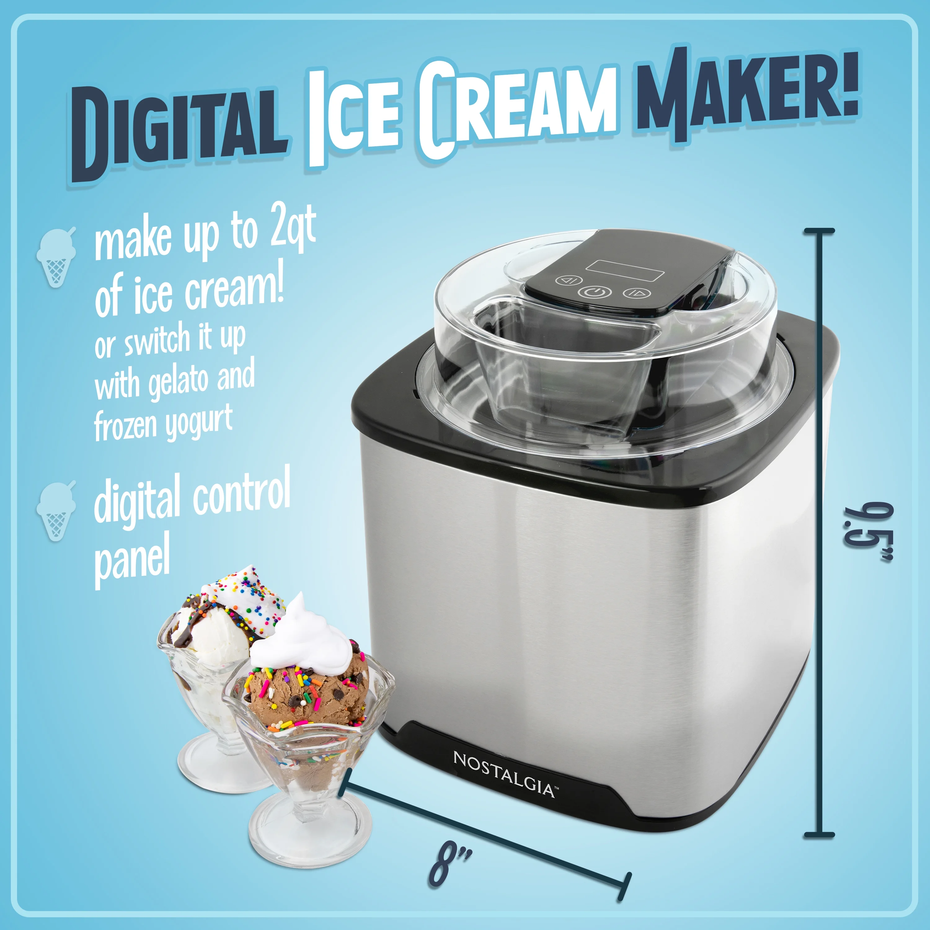 Nostalgia 2-Quart Electric Ice Cream Maker C Make Homemade Ice Cream, Gelato, Sorbet & Frozen Yogurt C No Salt/Ice Needed, Digital Controls, Mix-In Chute & Freezing Gel Canister C Stainless Steel