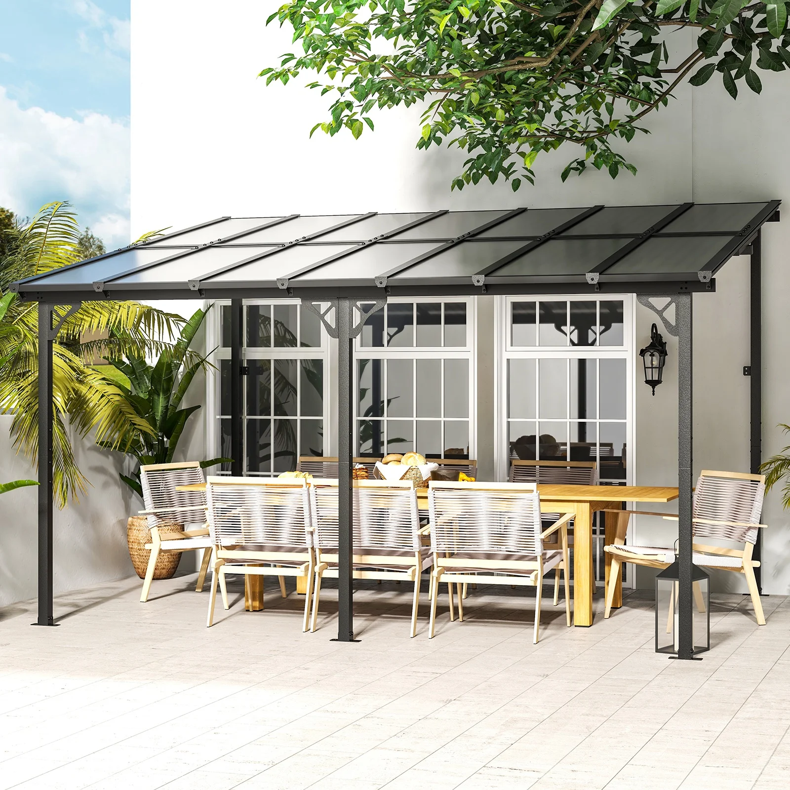 JolyDale 10x 14 Hardtop Gazebo, Outdoor Wall-mounted Pergola for Garden, Patio, Backyard, Gray