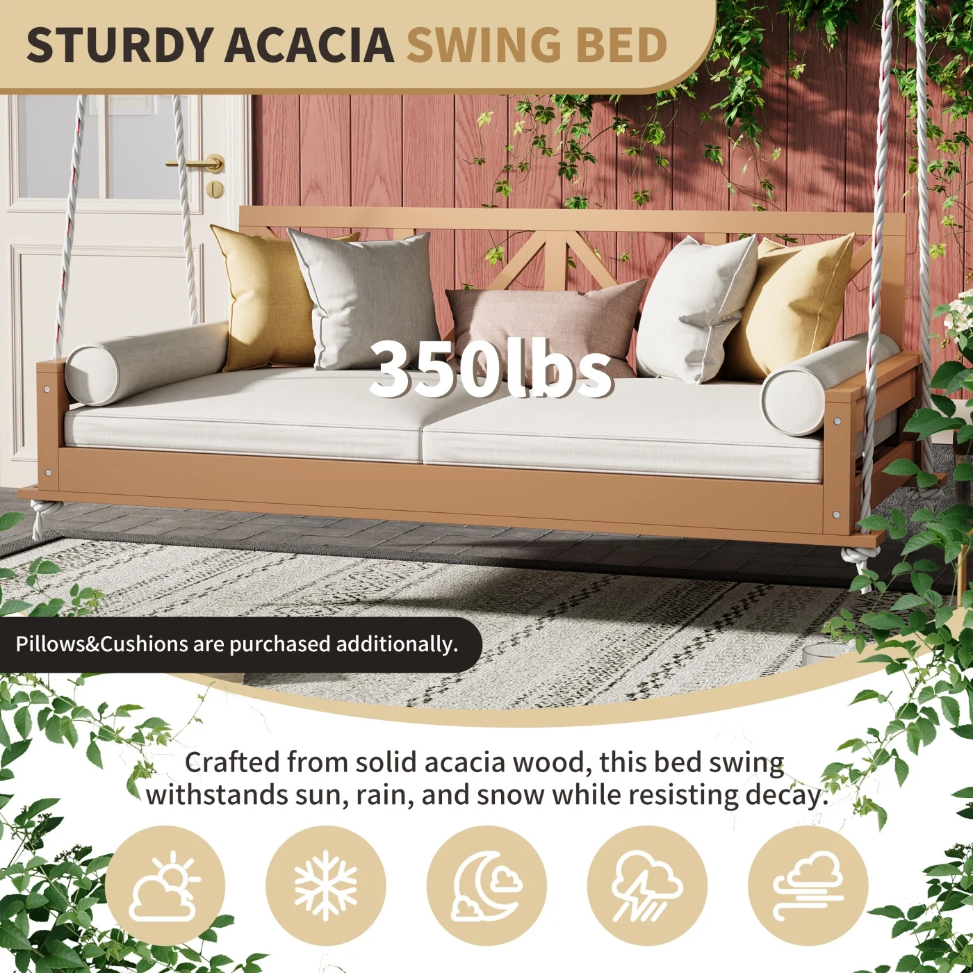 Hardwood Twin Size Outdoor Swing Bed with Hemp Rope Suspension, 350LB Capacity Ergonomic Daybed for Backyard & Poolside Relaxation