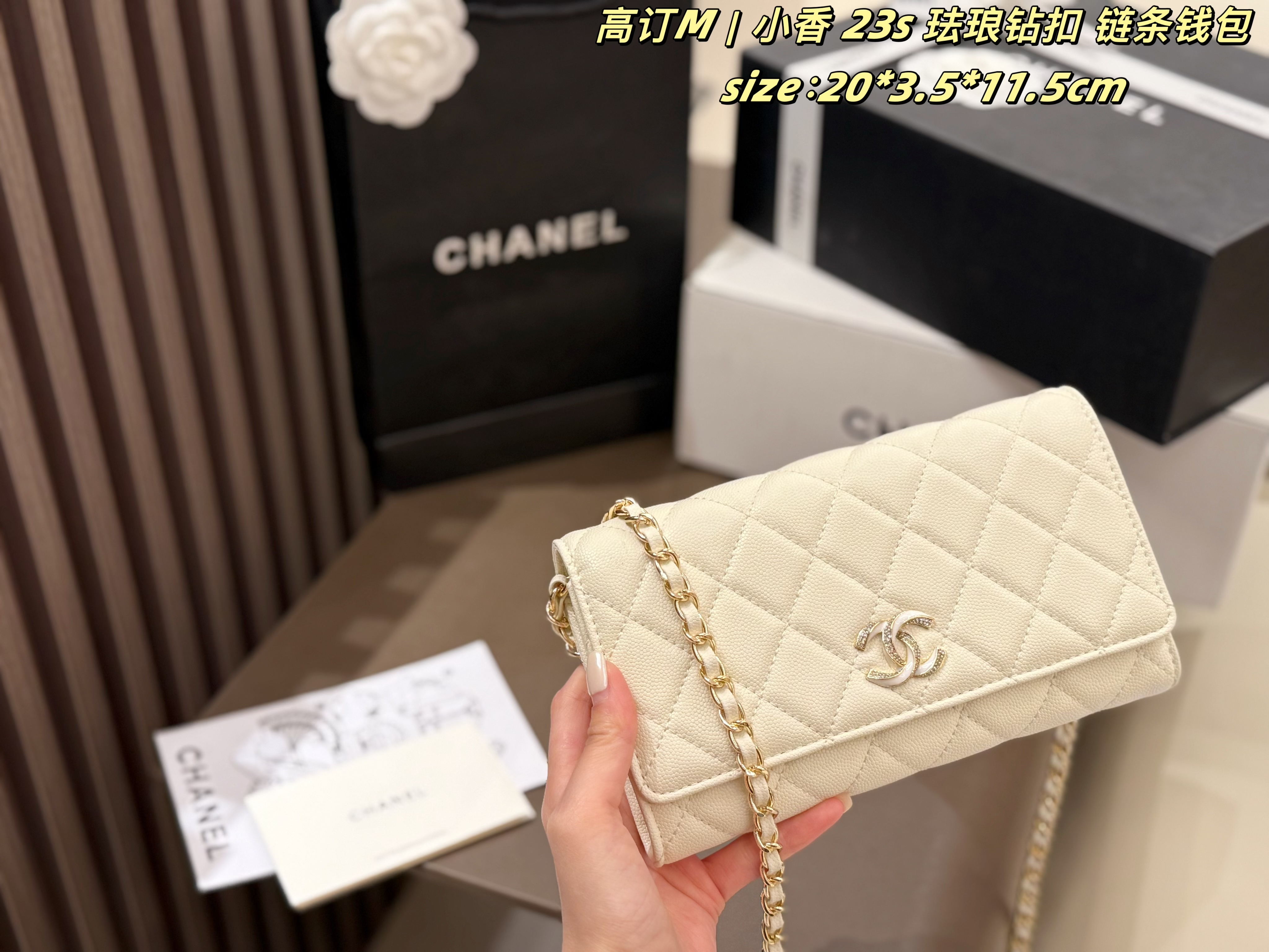 Chanel 23S Enamel & Rhinestone Logo Chain Wallet
