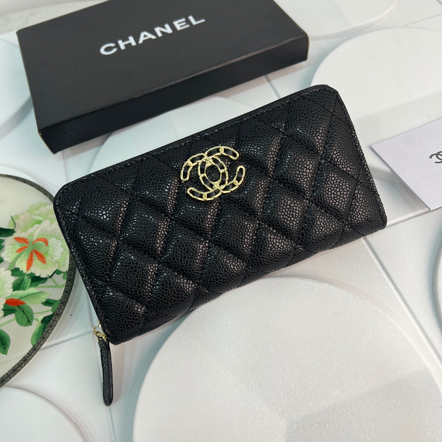 Chanel Boy Zip Around Wallet Quilted Caviar Long-Fish Seed Gold Wallet