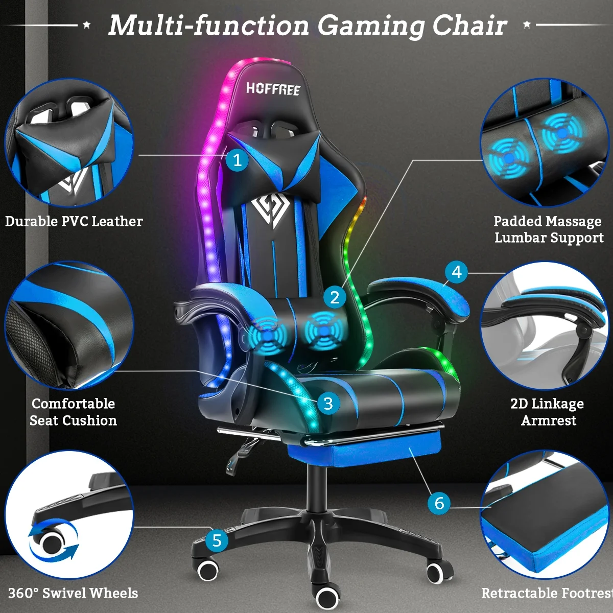 Hoffree Gaming Chair with Massage PU Leather Office Chair with Footrest and LED Light Ergonomic Gamer Chair Lumbar Support Adjustable Headrest High Back Computer Desk Chair for Home Office