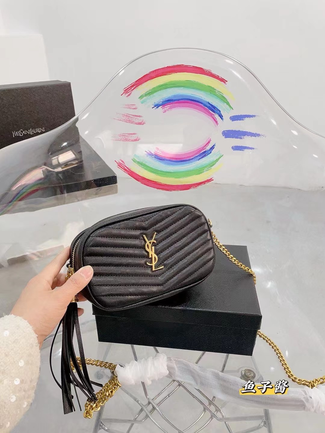 YSL Lou Mini Matelassé Chevron Quilted Caviar Leather YSL Logo Tassel Camera Crossbody Bag