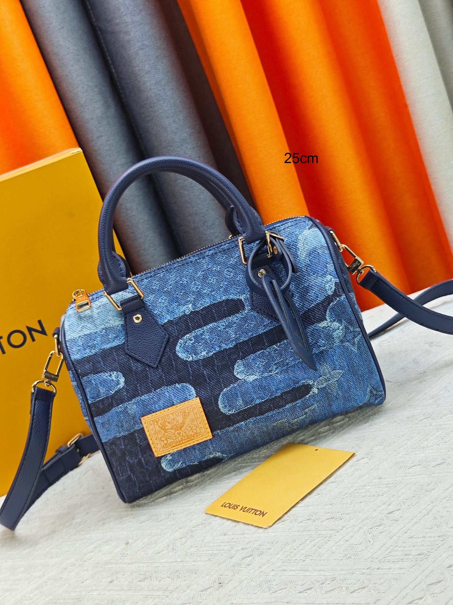 LV Speedy 25/30/40 Denim Camo Blue Patchwork Monogram Boston Travel Top Handle Bag