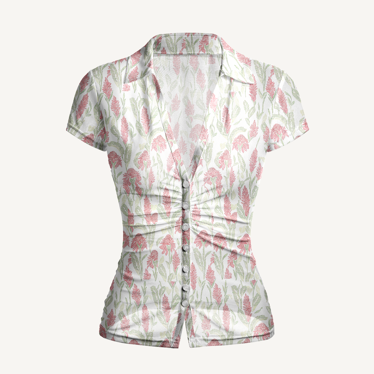 V-Neck Short Sleeve Wild Feather Whisper Print Mesh Top