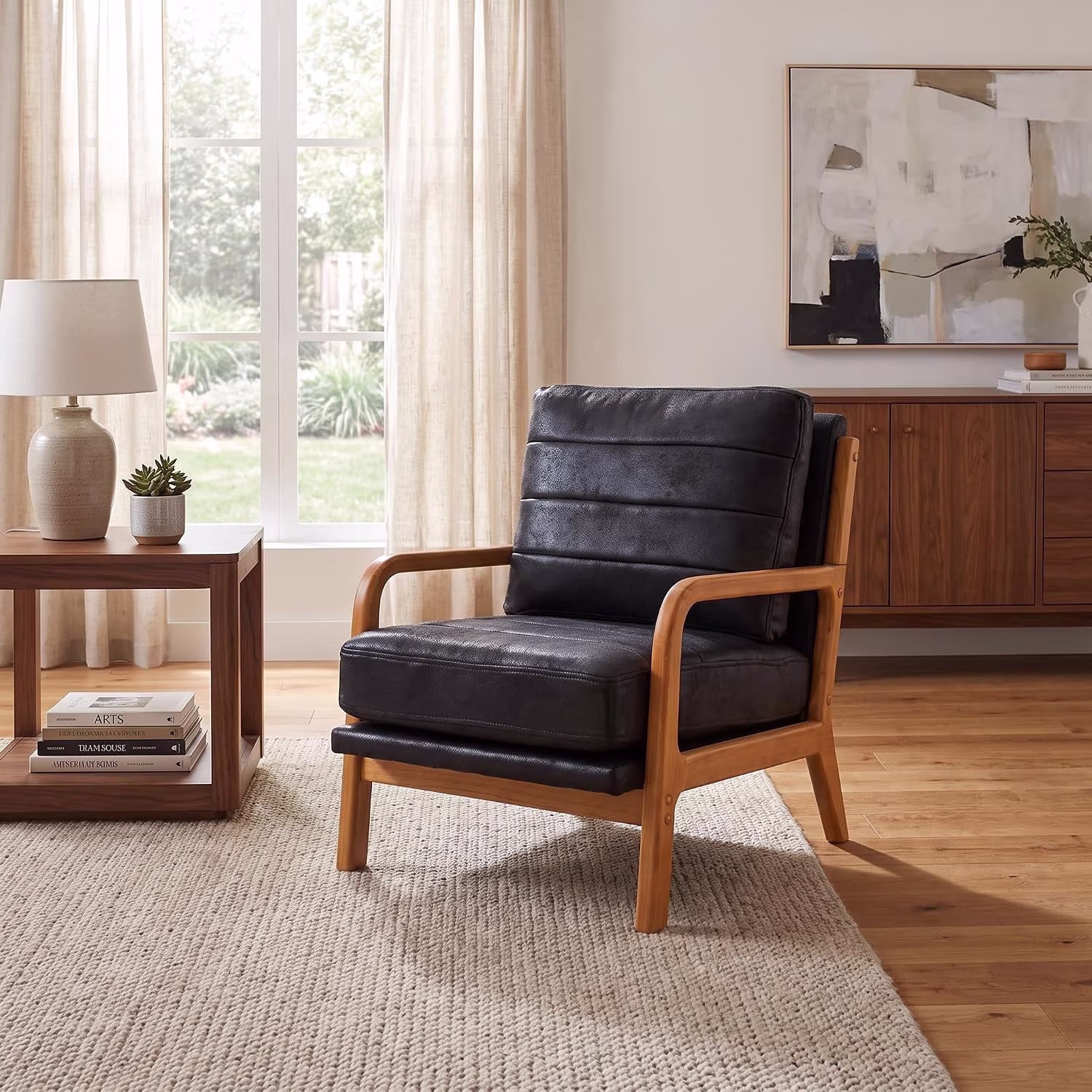 JERBOR Mid Century Modern Accent Chair with Solid Wood Frame, Upholstered Faux Leather Reading Chair with Thick Foam Cushion, Armchair for Living Room, Bedroom, Apartment, Office, Green