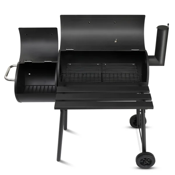 Barrel Charcoal Grill with Offset Smoker, Heavy-Duty Metal, Large Cooking Area, Mobile with Wheels for Backyard/Patio Gatherings