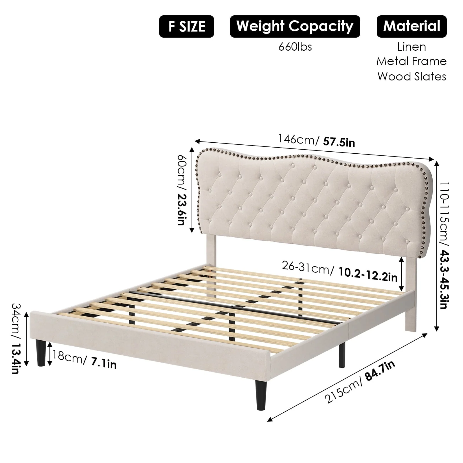 Homfa Full Size Bed Frame, Linen Upholstered Platform Bed with Button Tufted Adjustable Headboard for Bedroom, Beige