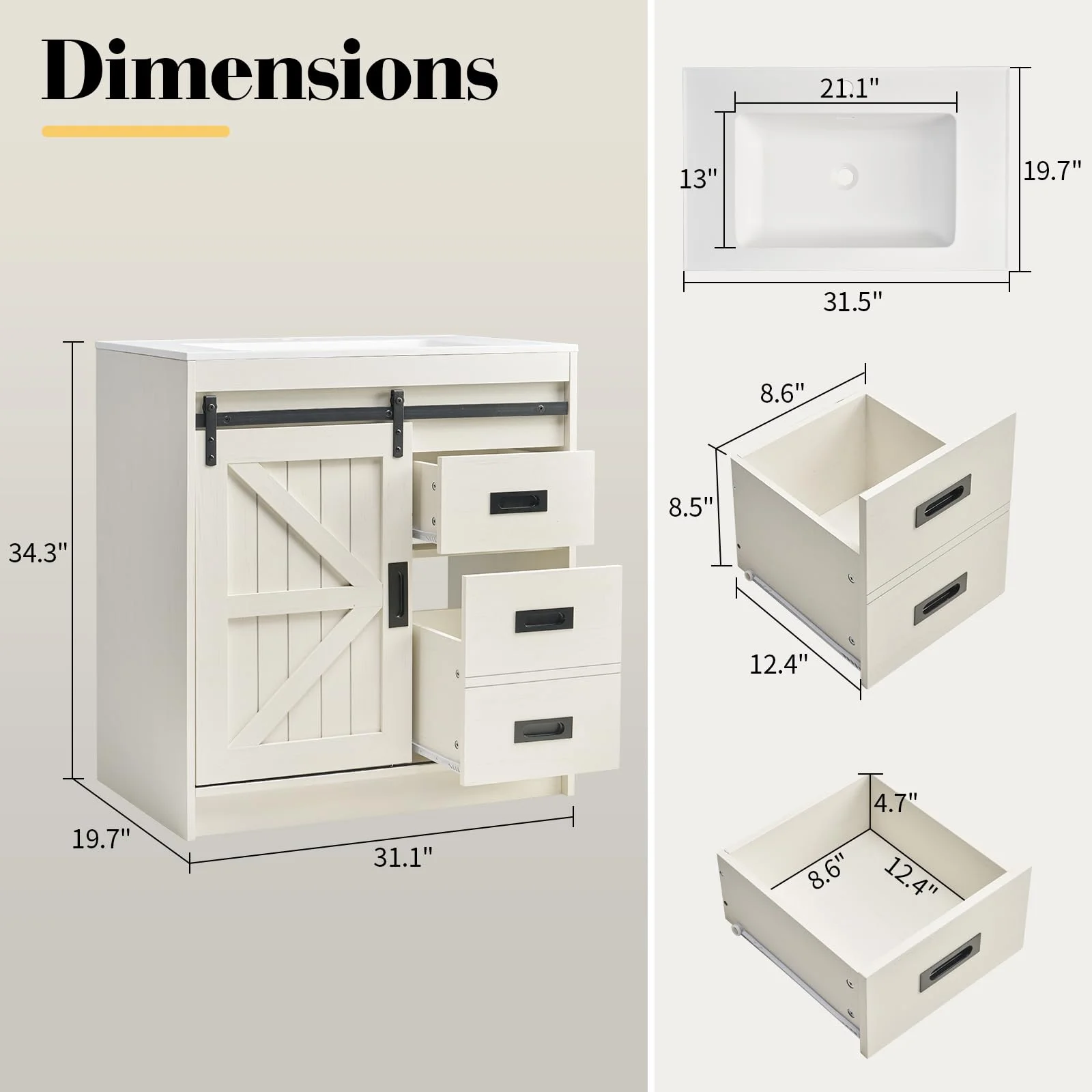 VANACC 31" Farmhouse Sliding Barn Door Bathroom Vanity with Sink Combo, Bathroom Cabinet with Drawers & Metal Handles, Freestanding, Distressed White