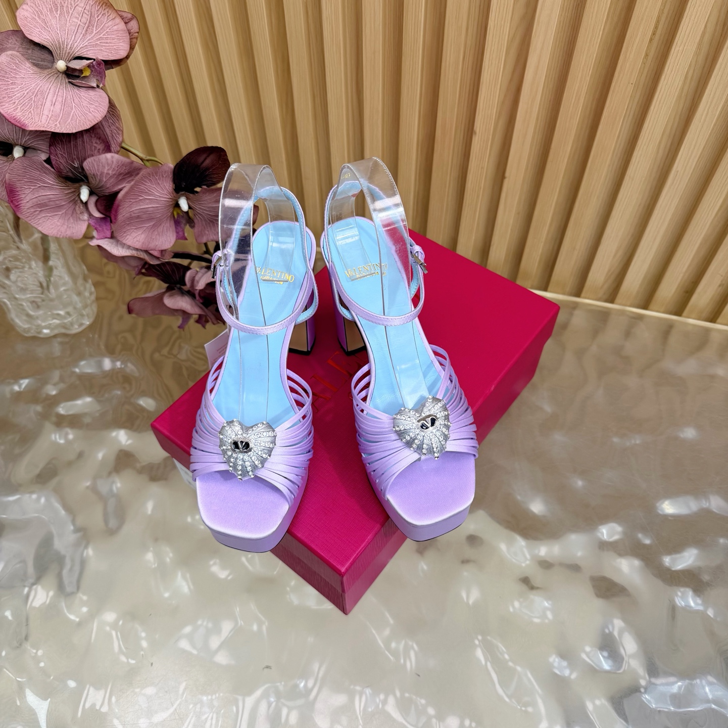 Valentino Garavani Lavender VLogo Crystal Brooch Satin Multi Straps Platform Square Toe Chunky Heel Sandals