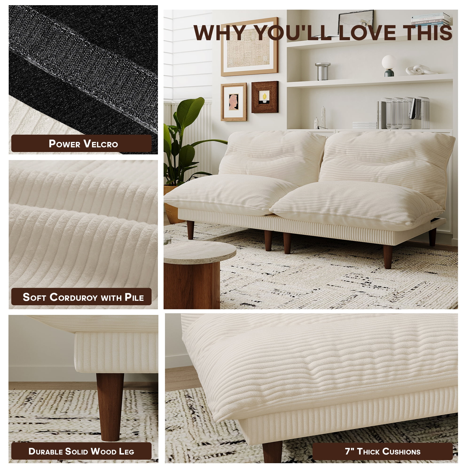 NYBOPAVIS 75" Futon, Twin Size Convertible Sleeper Sofa Bed, Corduroy Loveseat Sofa Couch for Apartment Small Space Beige