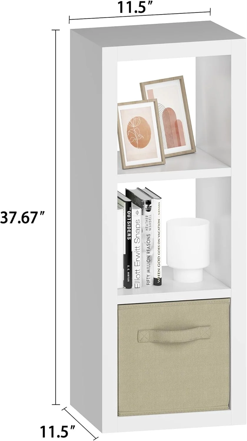 Wubio furtble 3 Cube Storage Organizer Shelf with Bins, White 3 Tier Bookcase with Fabric Storage Bins, Morden Bookshelf for Bedroom, Living Room, 11.5" D x 11.5" W x 37.67" H-3 cube-White
