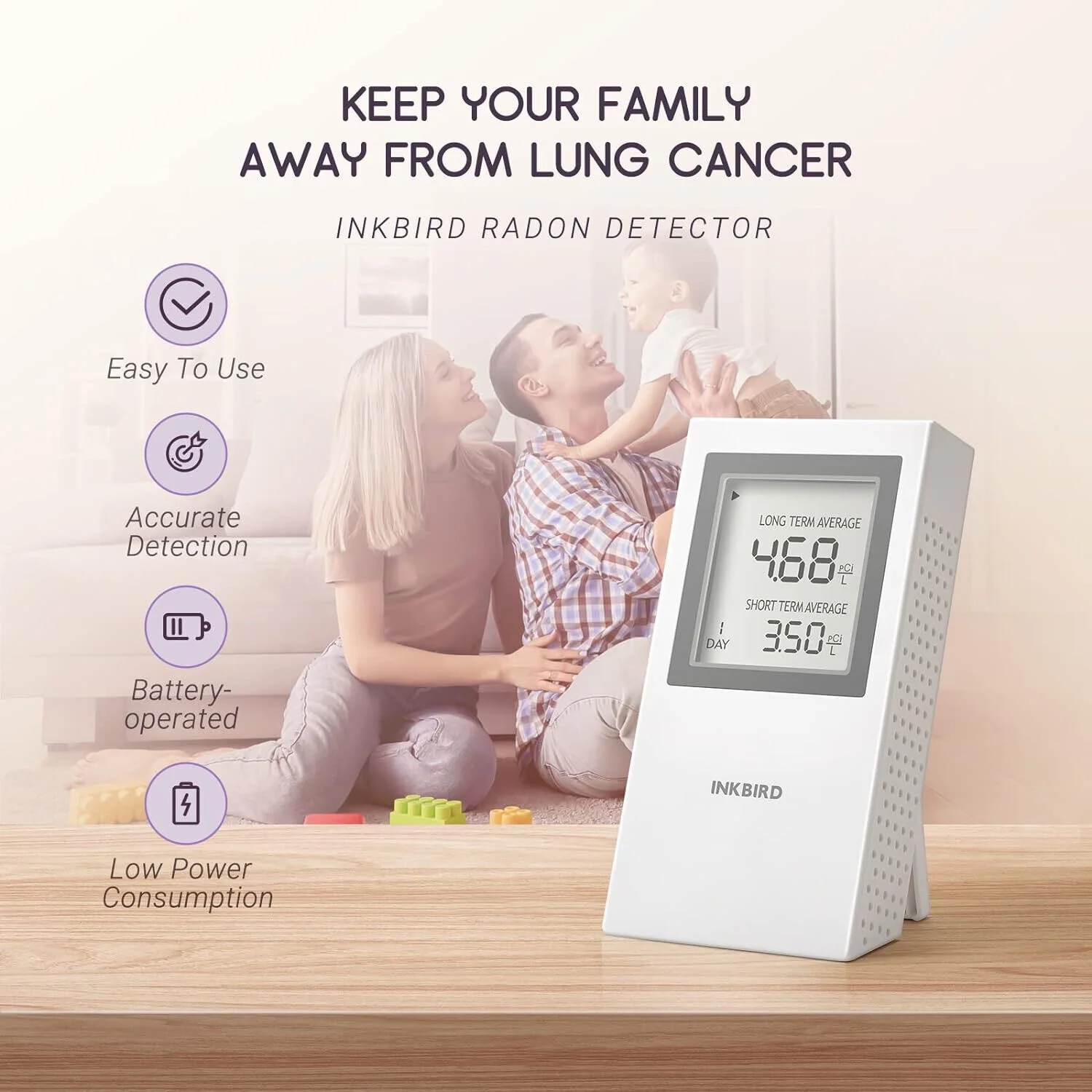 Inkird Home Radon Detector, Portable Radon Meter, Short-Term and Long-Term Accurate  Monitoring 2-Year Battery,White