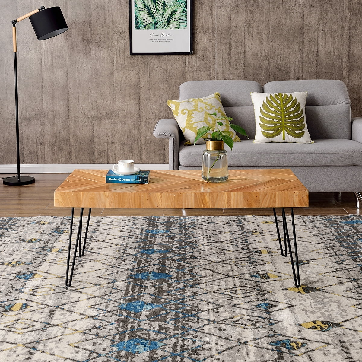 Old elm Coffee Table, 43.3" Modern Coffee Table with Metal Hairpin Legs, Solid Wood Cocktail Table with Chevron Pattern, Sturdy Glossy Finish Rectangular Center Table Side Table for Living Room, L2154