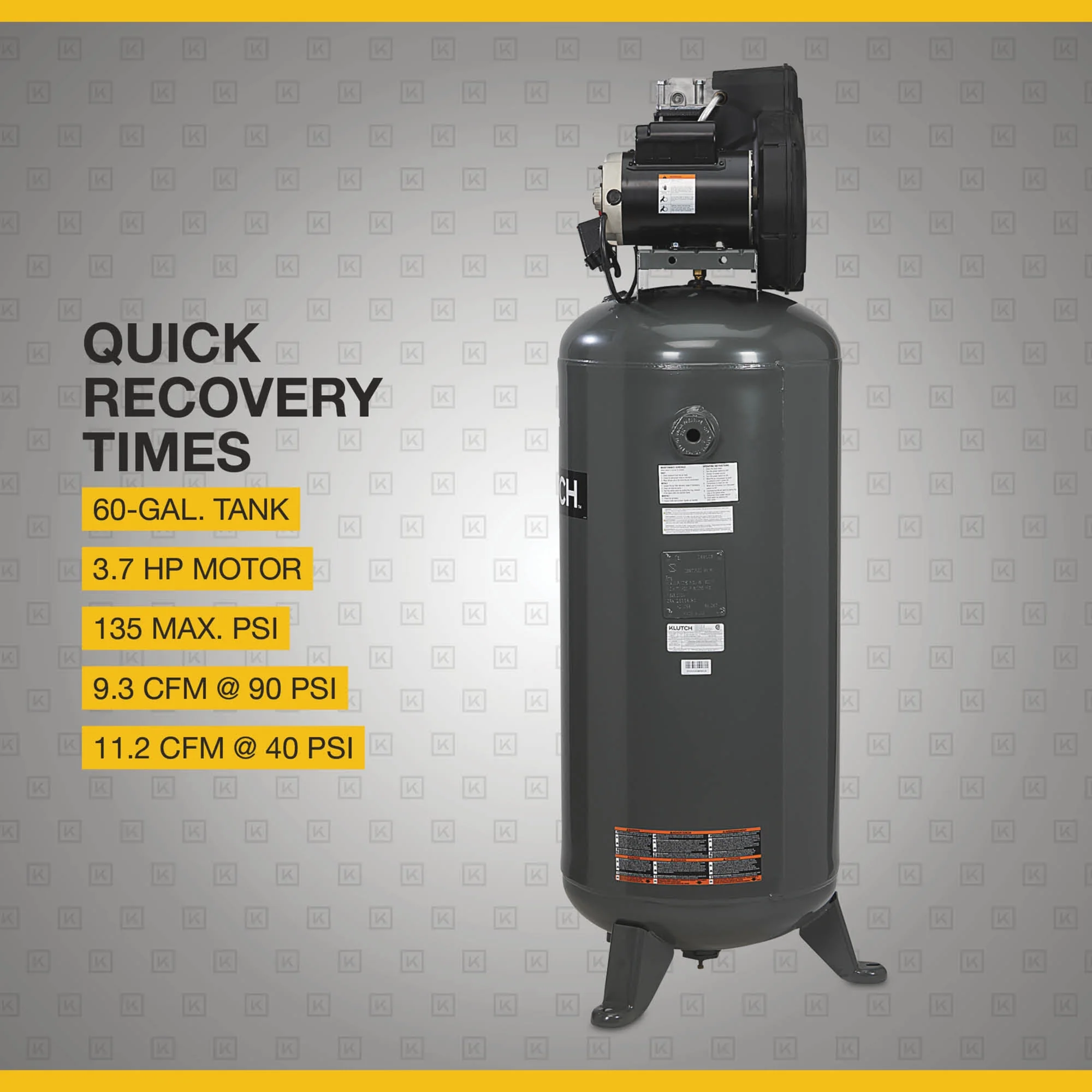 Klutch 60-Gallon Single-Stage Vertical Air Compressor, 3.7 HP, 230 Volts