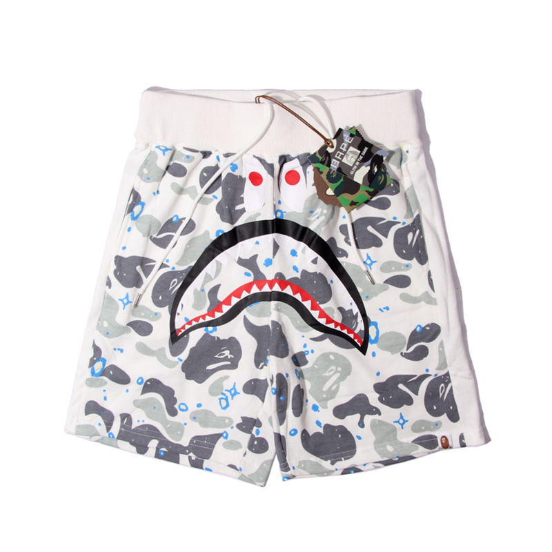 White and gray color matching shark pattern drawstring elastic shorts