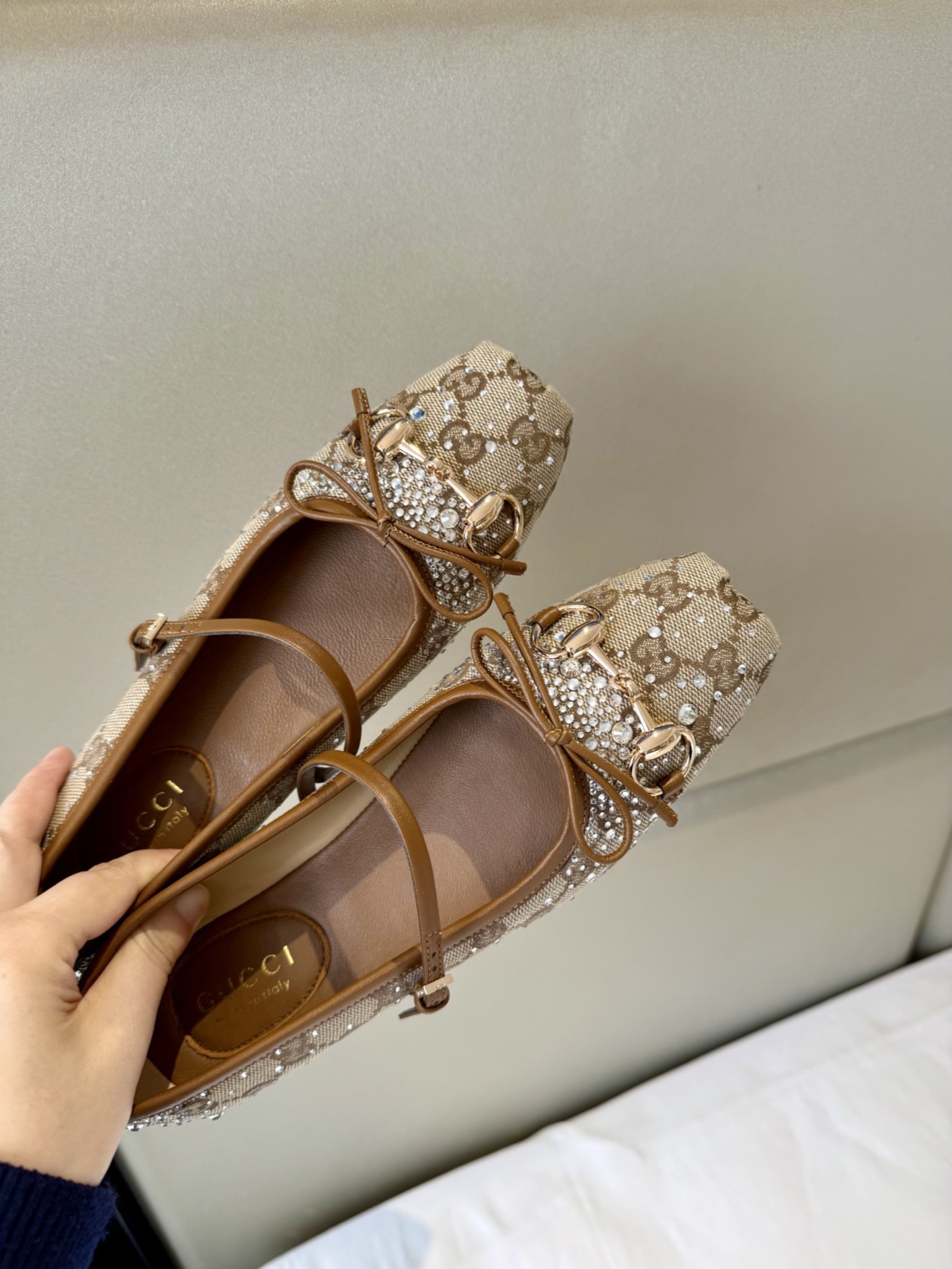 Gucci Sand Beige GG Crystal Horsebit Square Toe Ballet Flats