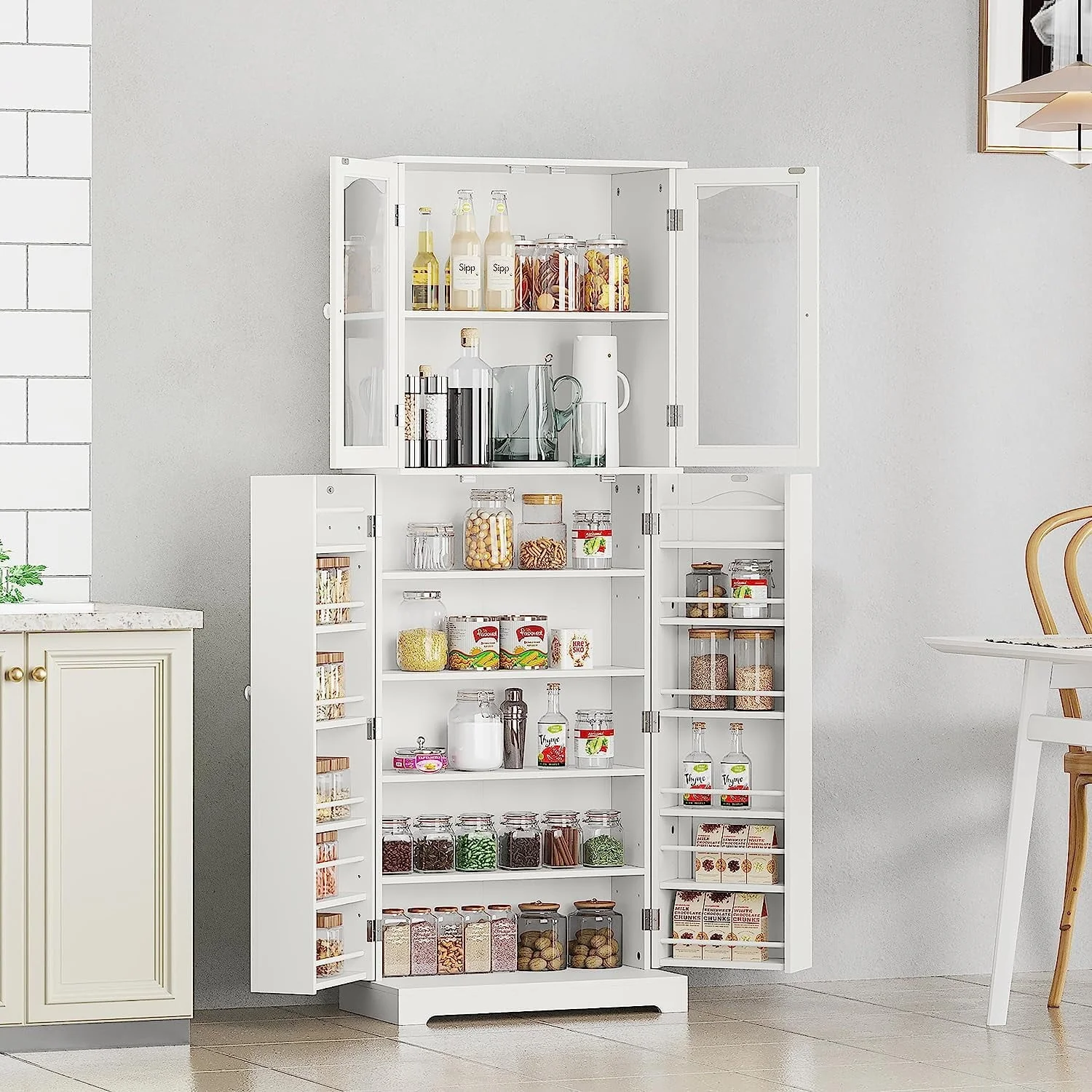 HOMEFORT 64" Kitchen Pantry Cabinet, Modern Tall Cabinet with MDF board and Adjustable Shelves, Freestanding Utility Storage Cabinet Cupboard for Kitchen, Living Room, Dining Room, White