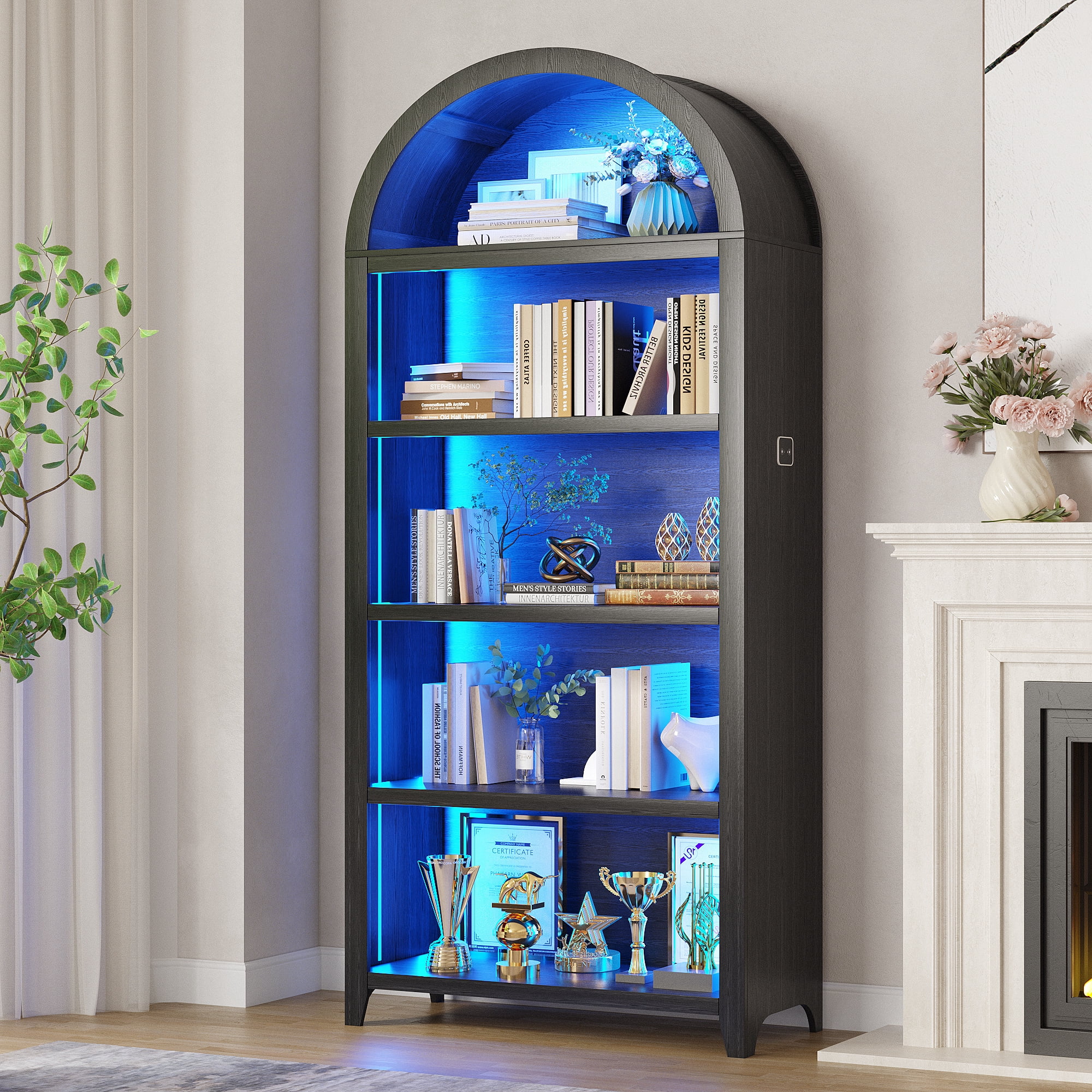 VKCC 68.9" Arched LED Bookcase with 5 Shelves, Modern Bookshelf for Living Room Office, Wood