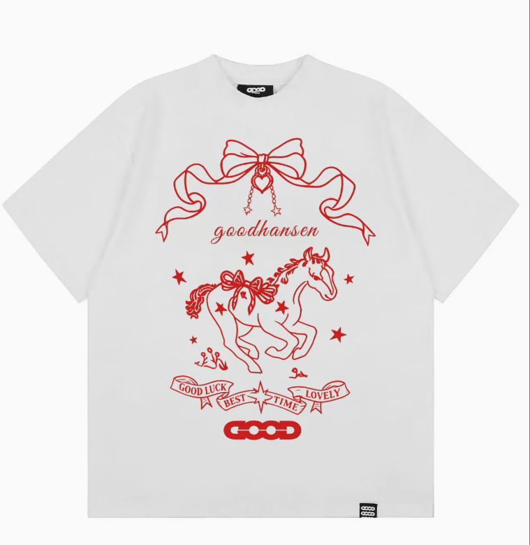White cute bowknot galloping horse blessing printed short-sleeved shirt