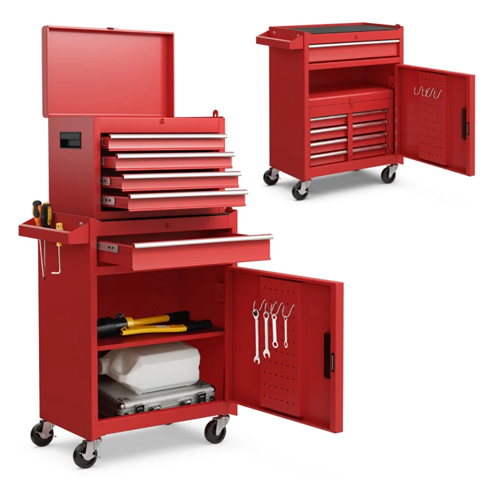GVN 2-in-1 Tool Chest and Cabinet with 5 Sliding Drawers-Red, Locking System Drawer for Garage, Warehouse & Repair Shop