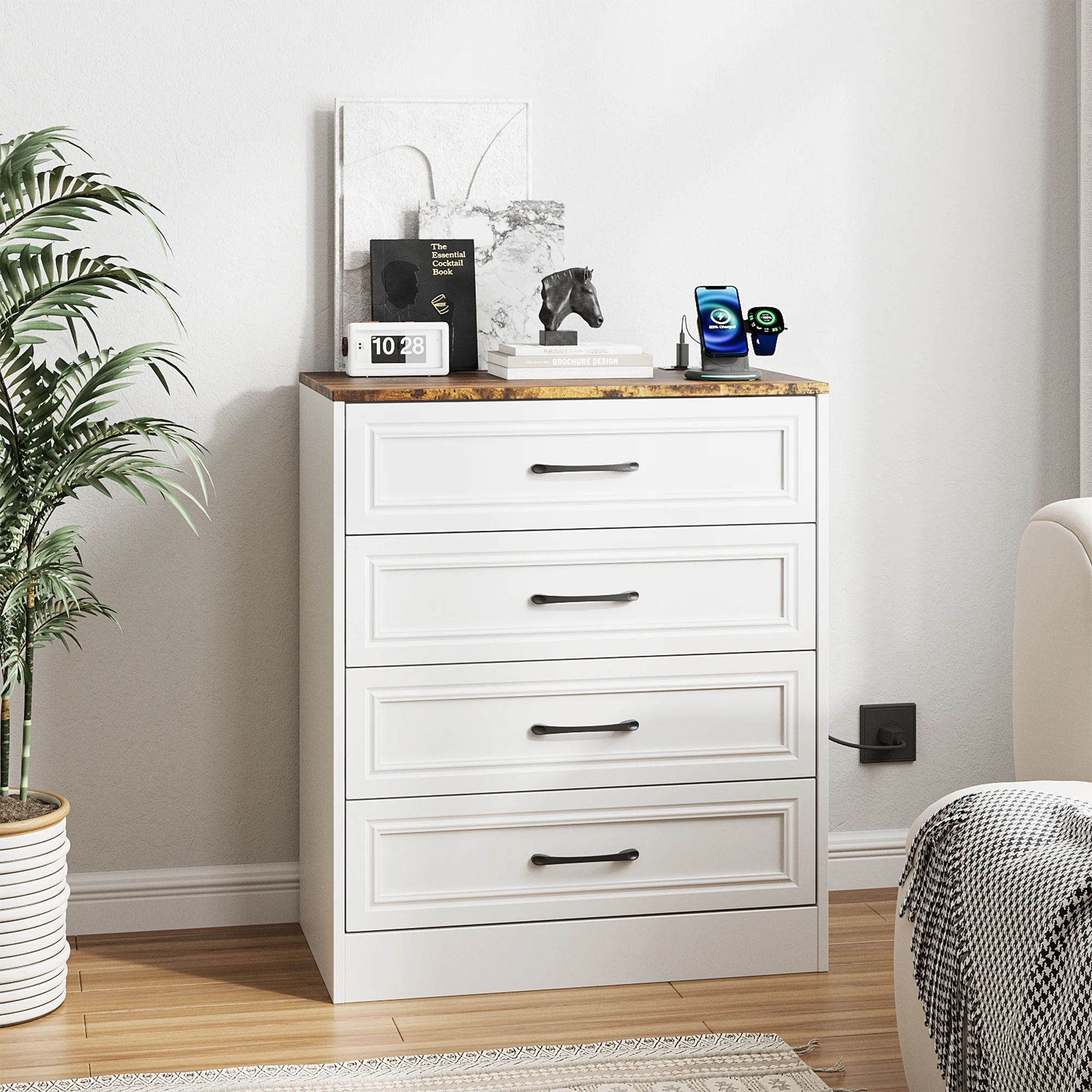 Vabches Farmhouse 4 Drawer Dresser with Metal Handle, Tall Wood Chest of Drawers for Living Room Bedroom,Yellow