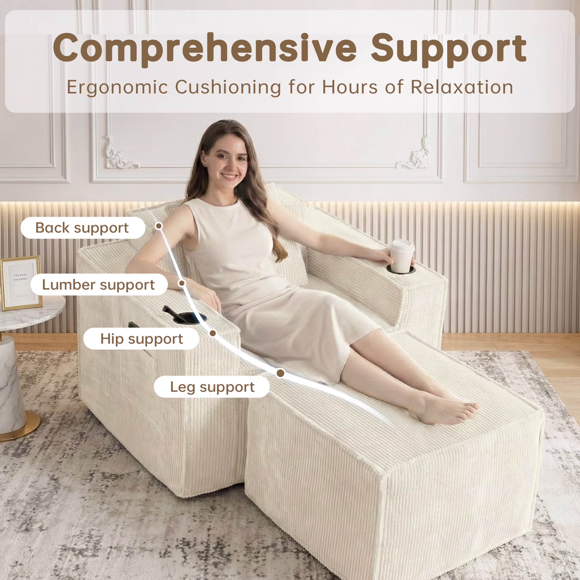 WELINHOME 41.3" Cloud Single Sofa, Boneless Chaise Lounge Chair with Ottoman, Corduroy Fabric, 2 Cup Holders, Side Storage Pockets, No Assembly, White
