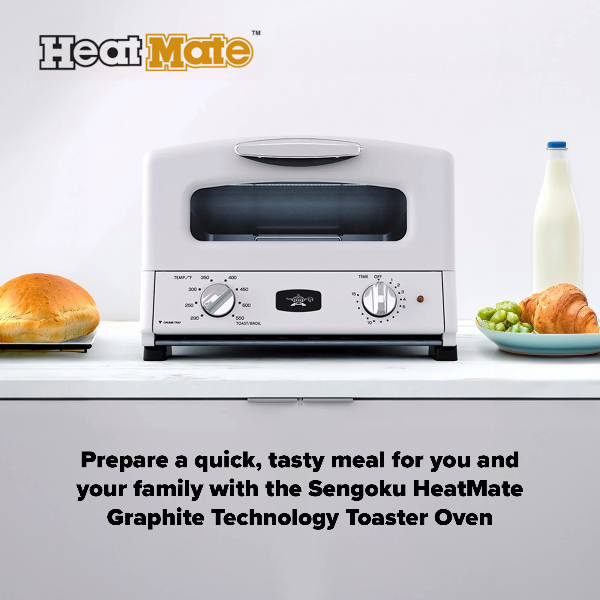 Sengoku SET-G16A(W) HeatMate Graphite Compact Countertop Toaster Oven with 4 Non-Stick Pans for Toasting and Baking, 120 Volt, Eggshell White