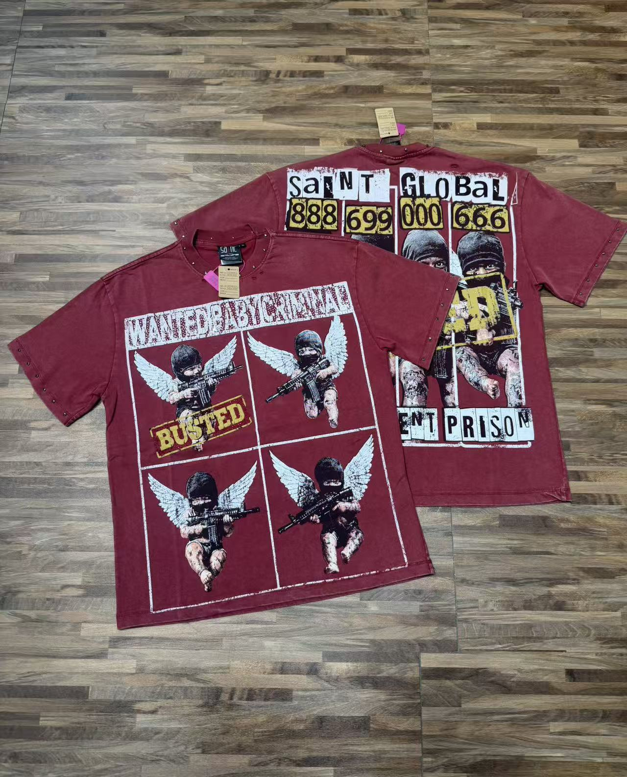 Red American rock street washed vintage style short-sleeved T-shirt