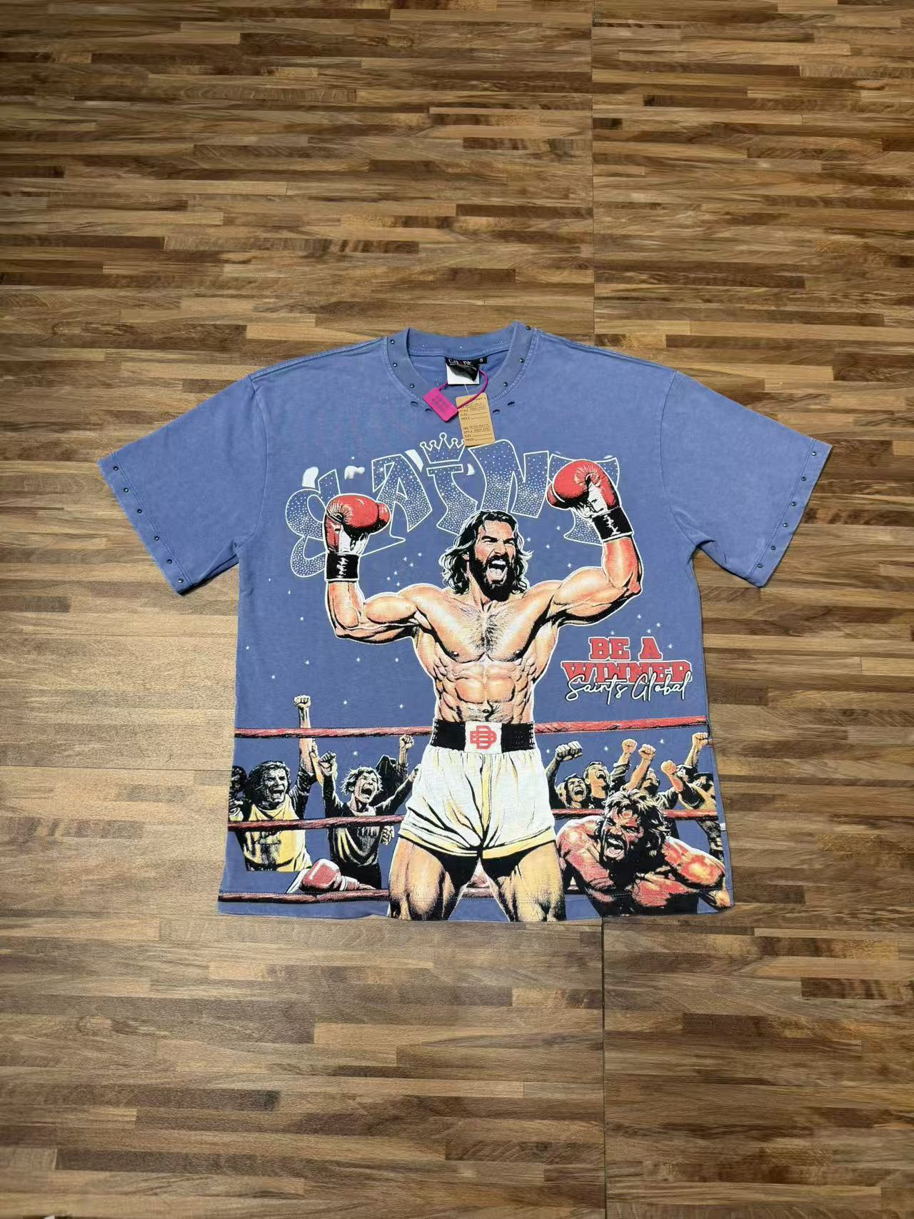 Washed blue cheering boxer match print short-sleeved T-shirt
