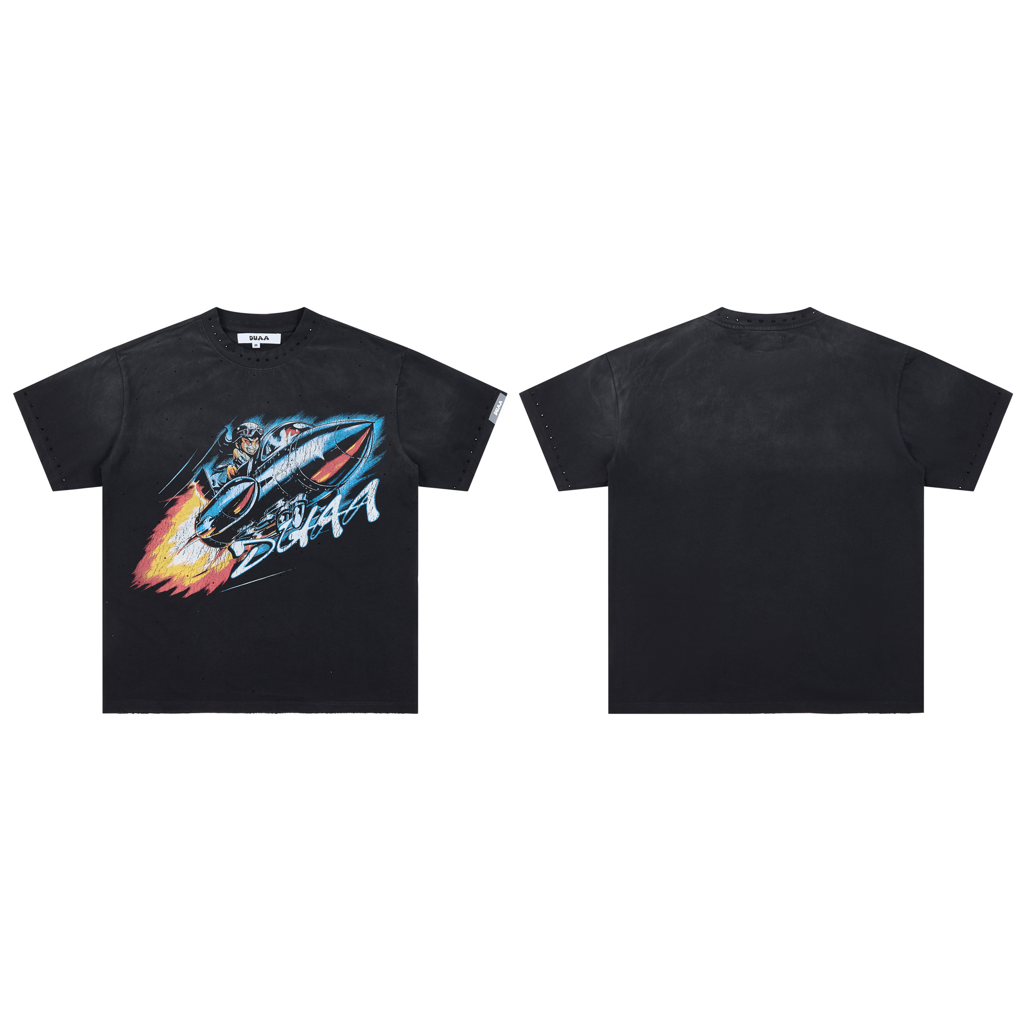 Blue high-tech rocket print short-sleeved shirt