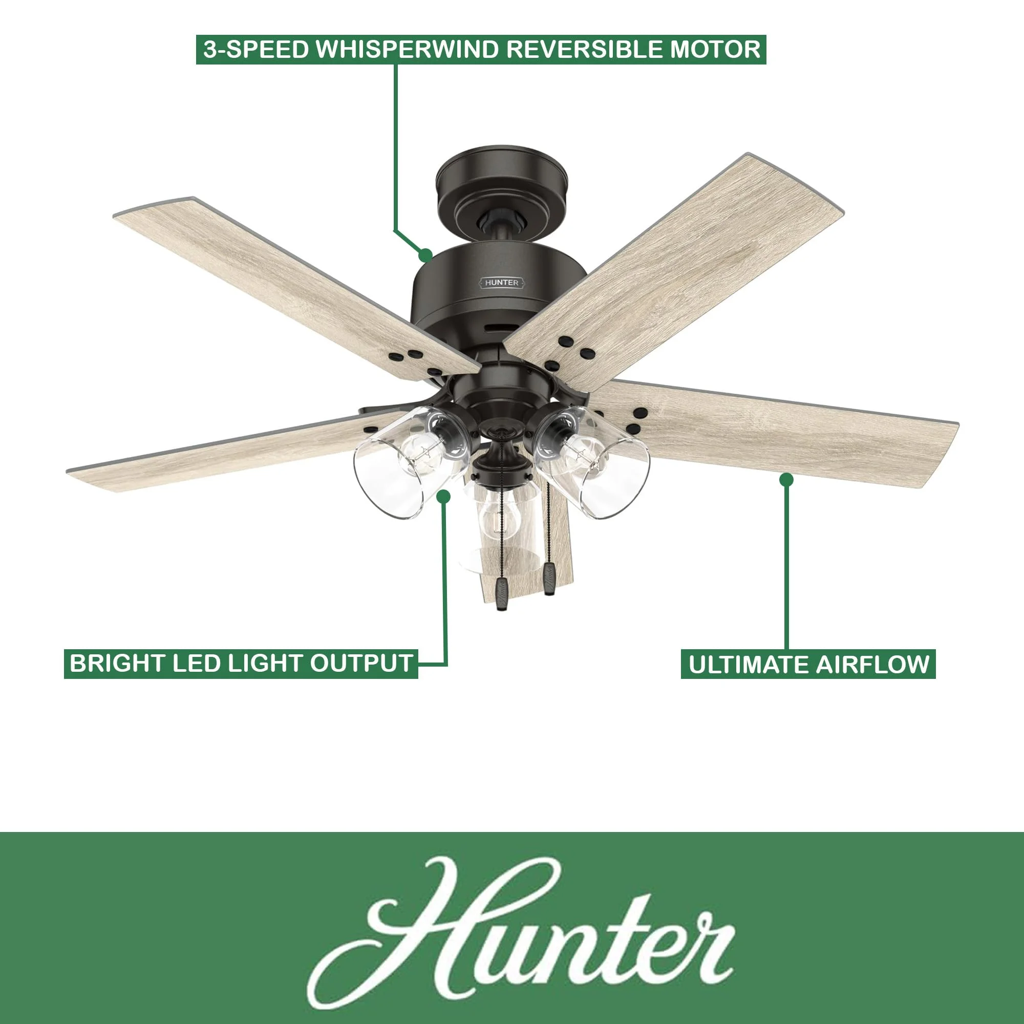 Restored Hunter Fan 44 inch Noble Bronze Indoor Ceiling Fan with LED Light Kit and Pull Chain for Bedroom, Living Room/Family Room, Office, Basement, Kitchen, Dining Room (Refurbished)