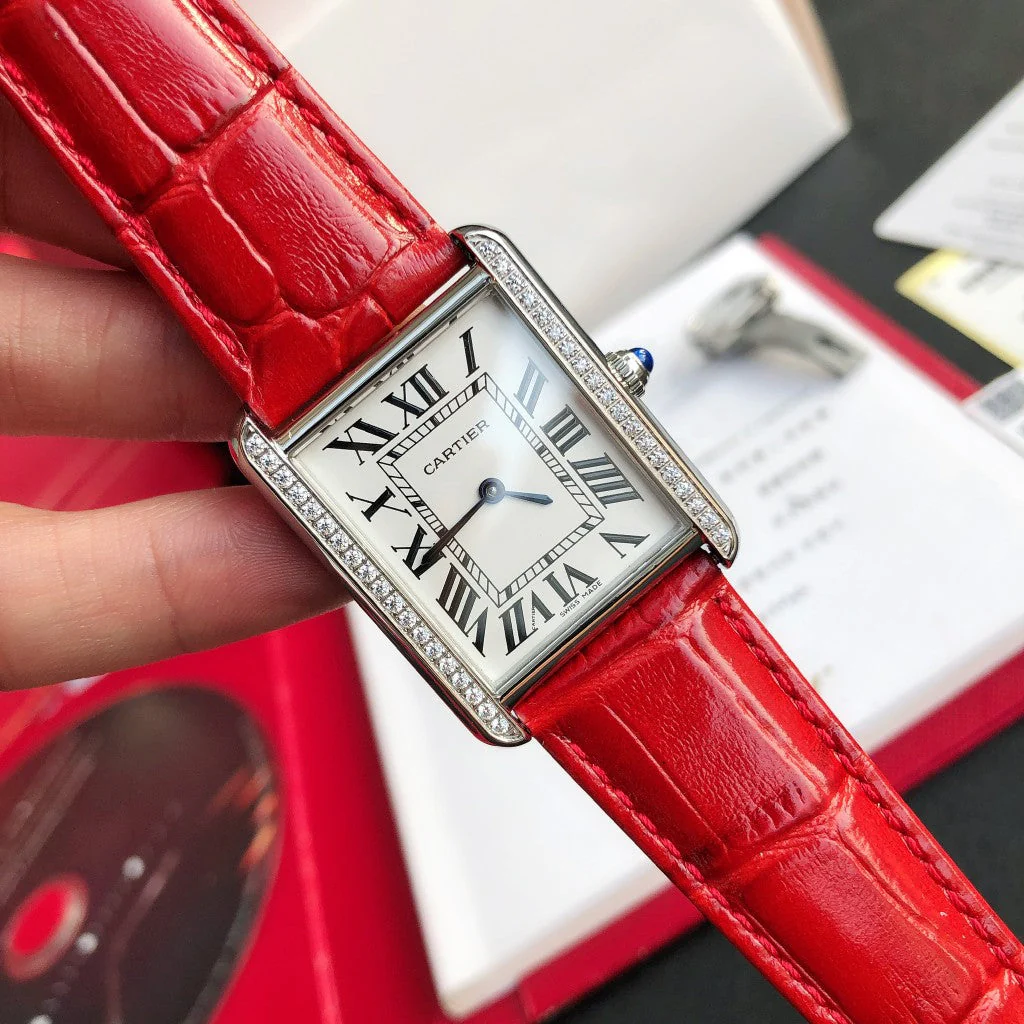 Cartier Watch TANK SOLO STEEL DIAMOND BEZEL RED CROCODILE LEATHER