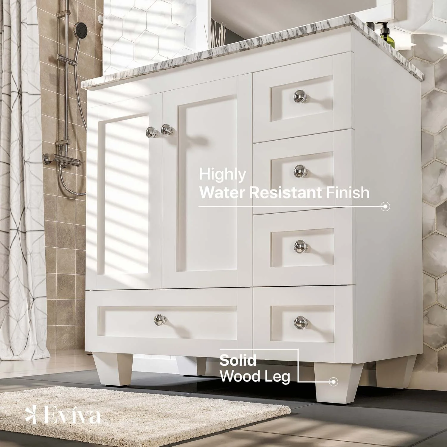 Eviva Happy 30" W x 18" D x 34" H White Bathroom Vanity with White Carrara Marble Counter-Top