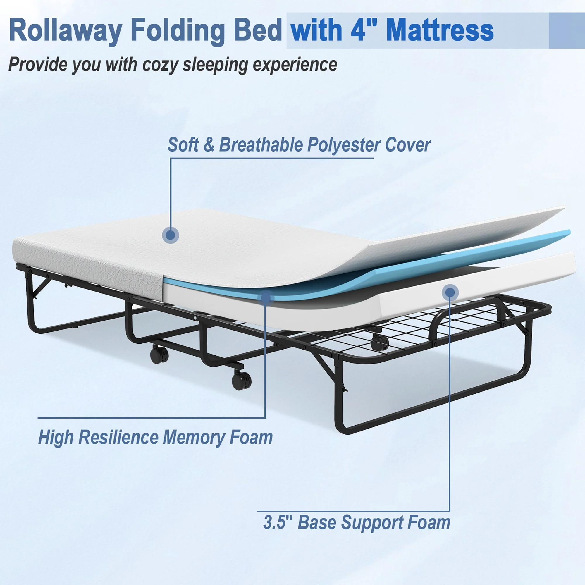 Costway Heavy Duty Foldable Bed Metal Guest Bed Daybed W/ 4 inch Mattress Memory Foam