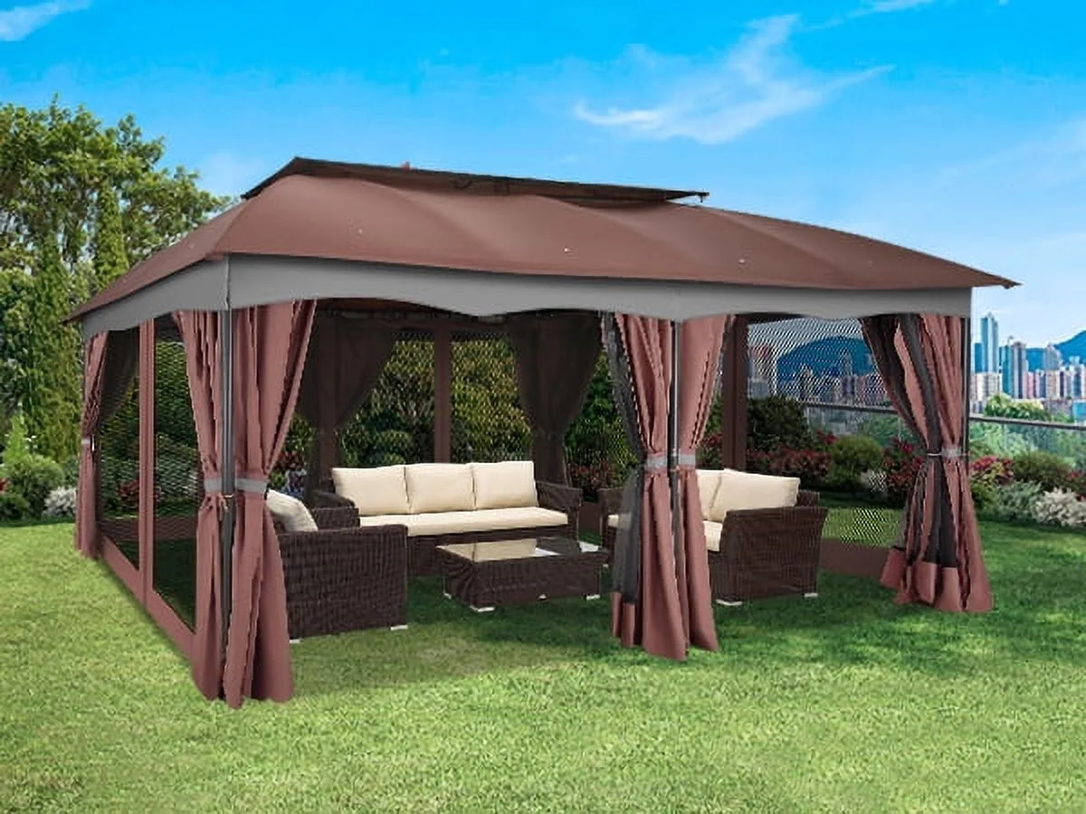 HOTEEL Heavy Duty 12X20 Outdoor Patio Gazebo with Mosquito Netting Curtains,Double-Roof Canopy Tent Gazebo for Parties,Backyards,Gardens,Brown
