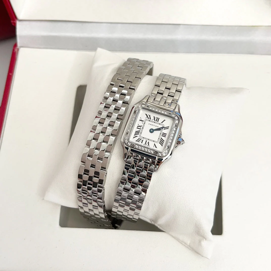 Cartier Watch Panthere 22mm Silver Diamond Bezel Double Chain 44cm