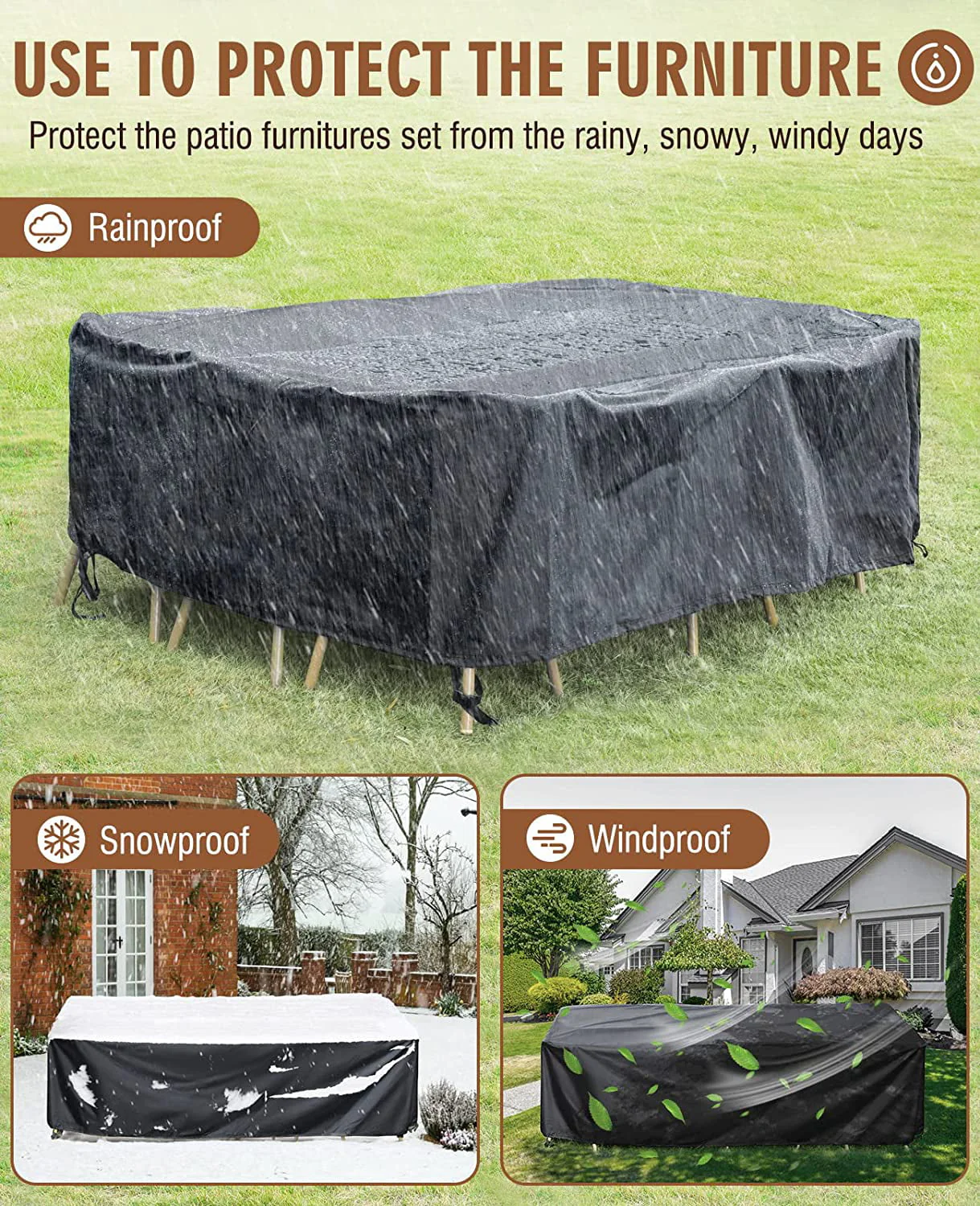 Patio Furniture Covers Waterproof,71 x 47 x 30 inch outdoor furniture cover waterproof,Dinosam Durable Outdoor Furniture Covers with 4 Windproof Buckles,Black Patio Table Cover Fits for 8-10 Seats