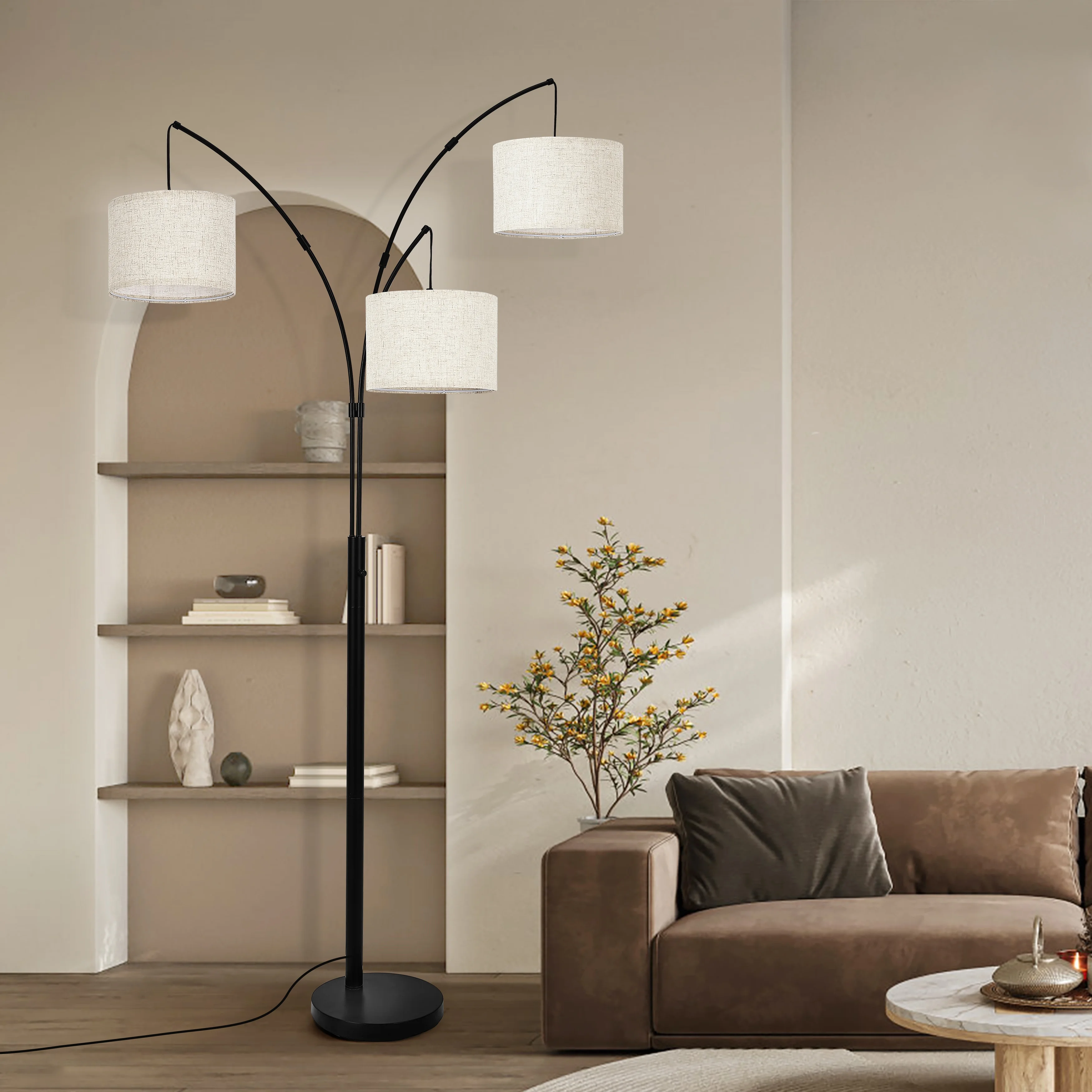 Netin 80 3-Light Modern Dimmable Black Arc Floor Lamp with Beige Shades